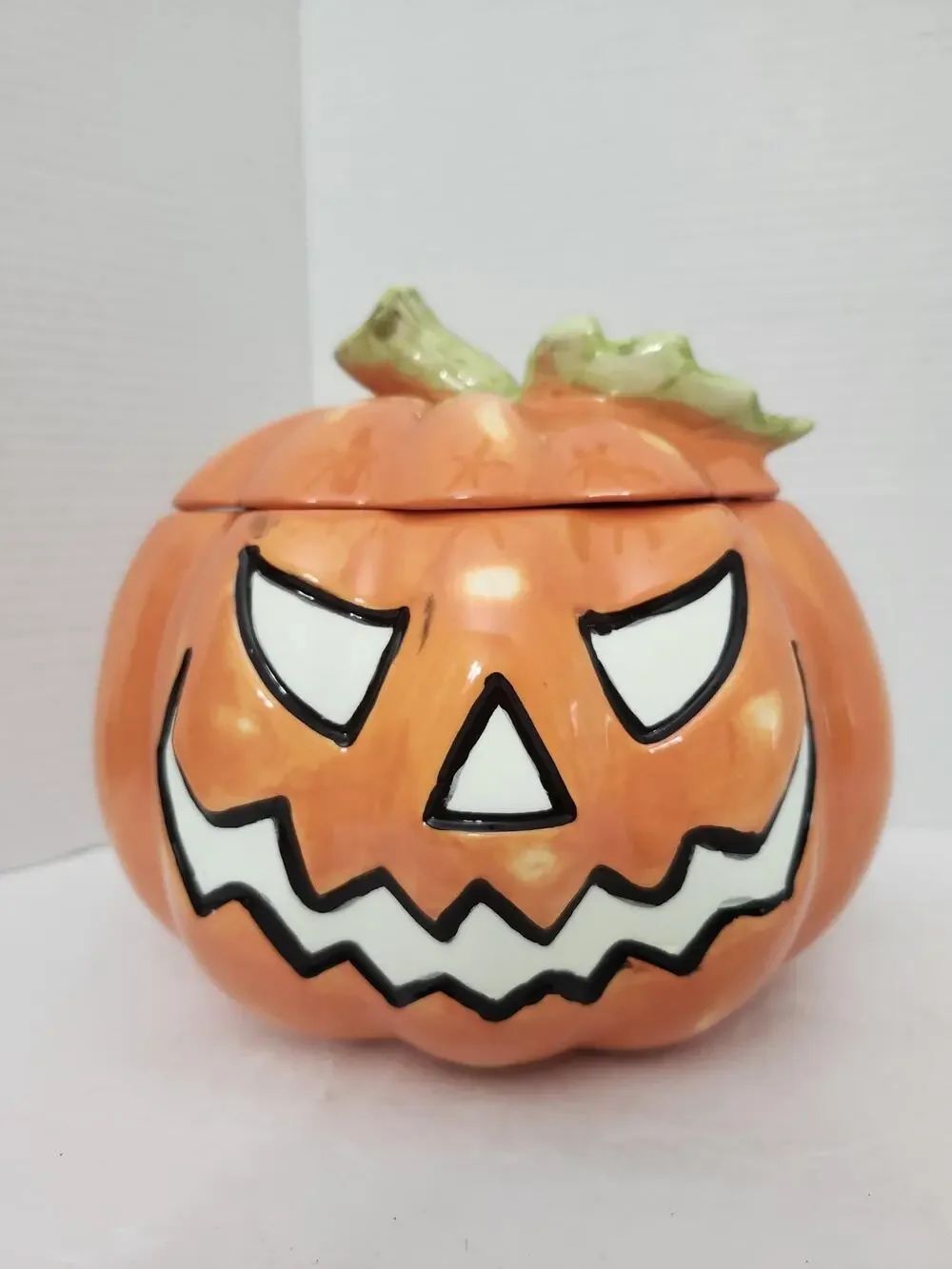 David's Cookies Halloween Pumpkin Ceramic Cookie Jar Jack O Lantern 2 Sided